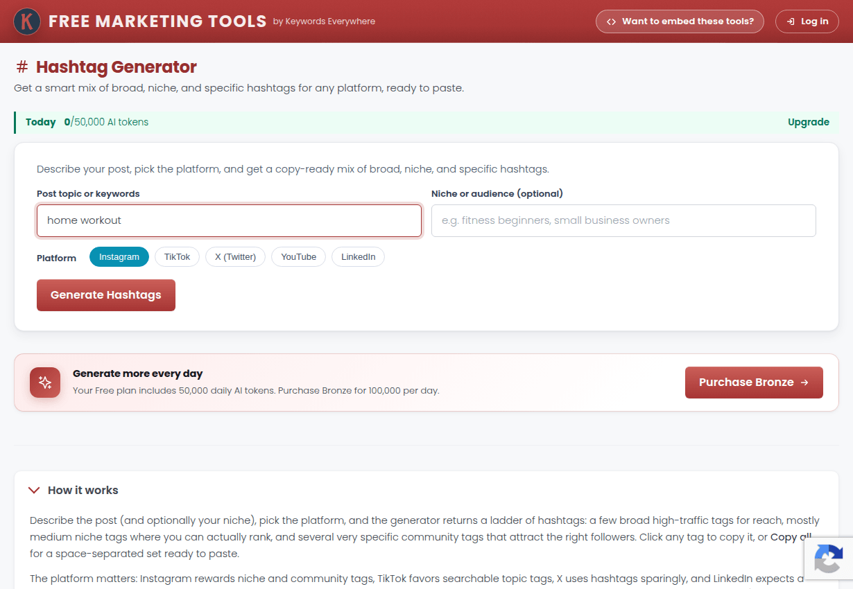 The Hashtag Generator with a topic entered, ready to produce a hashtag set