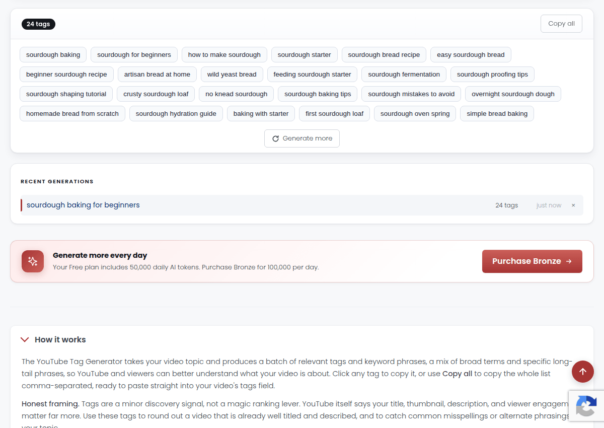 The free YouTube Tag Generator producing 24 tags for a sourdough baking video, with a copy all button