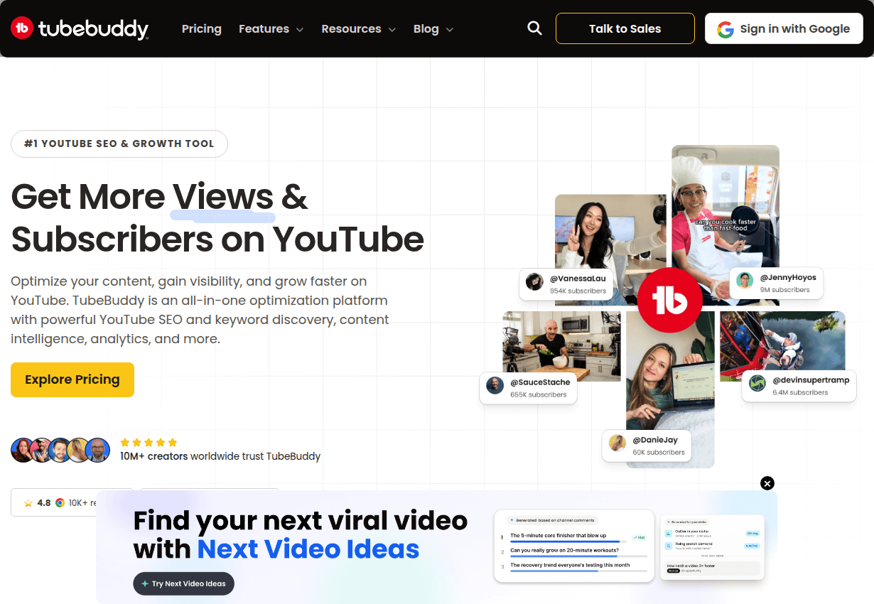 The TubeBuddy homepage, the extension that adds tag tooling into YouTube Studio